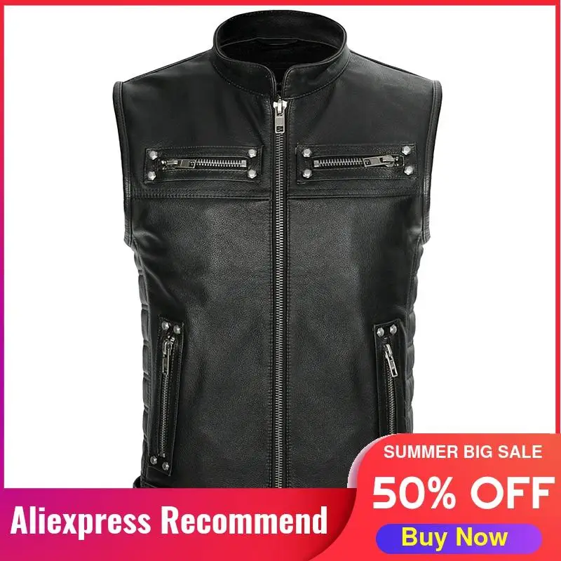 

2021 Black Men American Style Biker's Leather Vest Large Size 4XL Genuine Natural Cowhide Spring Slim Fit Motorcycle Coat