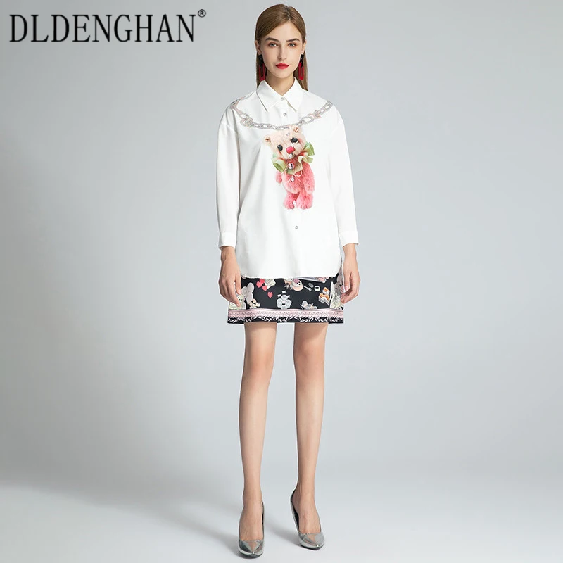 

DLDENGHAN Fashion Cartoon Print Set Women Long Sleeve Turn-Down Collar Blouses Tops+Diamond Mini Skirt Two-Piece Suit Autumn New