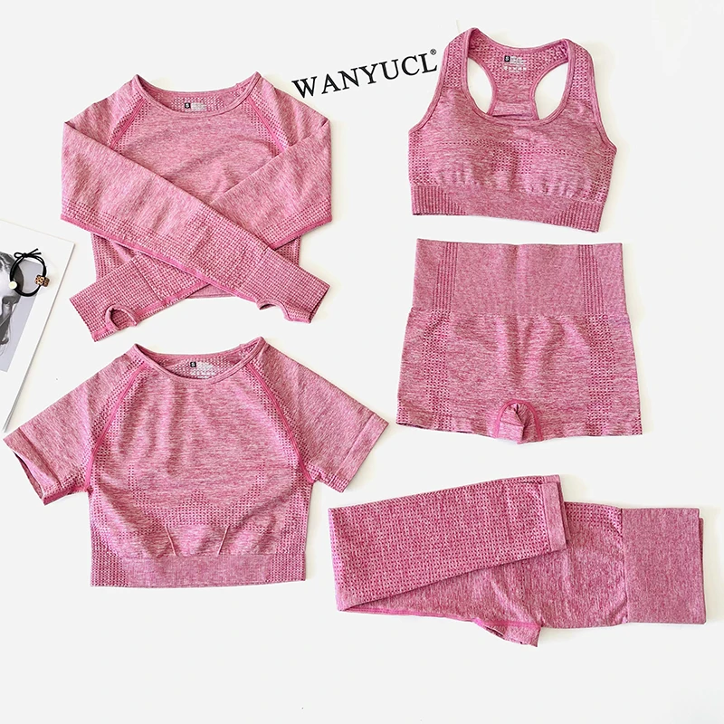 

2/3/5pcs Seamless Women Yoga Set Workout Sportswear Gym Clothing Fitness Long Sleeve Crop Top High Waist Leggings Sports Suits