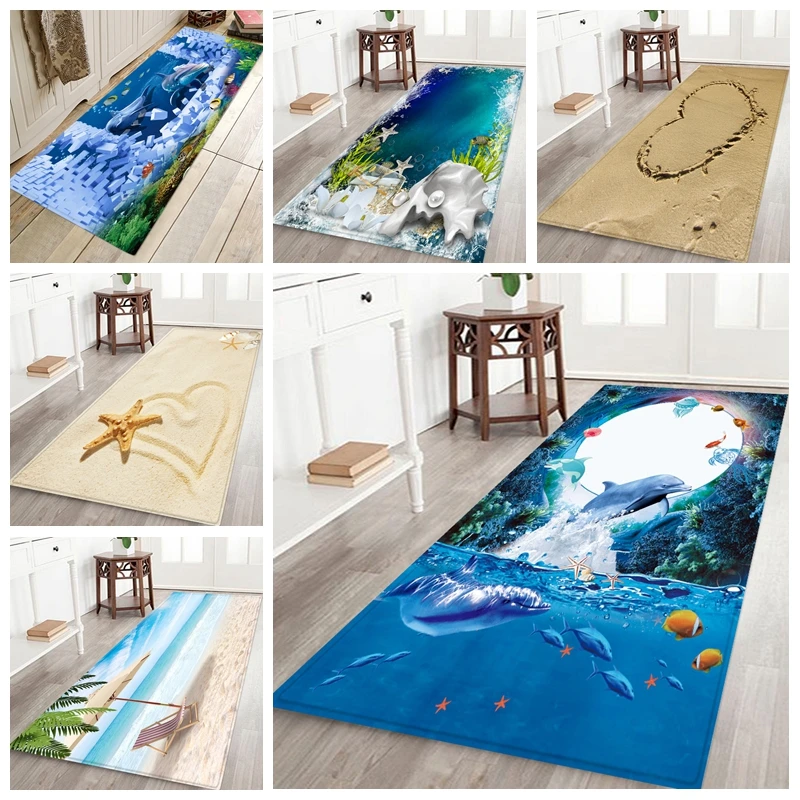 

40x120cm Home Flannel Thick Bath Mat Non-Slip Bathroom Carpet Kitchen Absorbent Shell Beach Seastar Pattern Entrance Area Rug