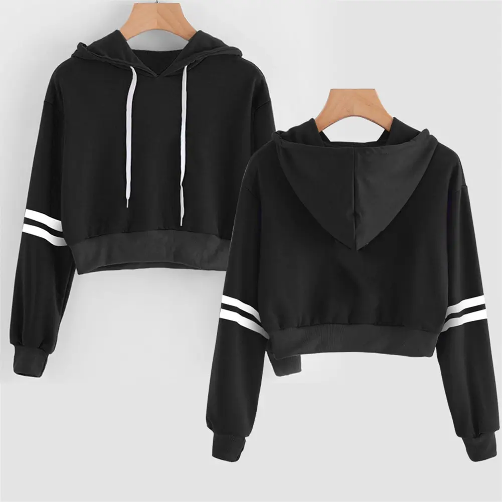 

New Streatwear Women Striped Long Sleeve Sweatshirt Short Pullover Crop Top Autumn Winter Hoodie Sweatshirts For Girls