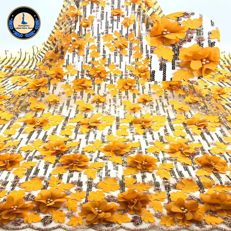 

Africa Lace Fabric Nigeria Embroidery Applique with beads High Quality French lace sequins Fabric Used for women Wedding dress