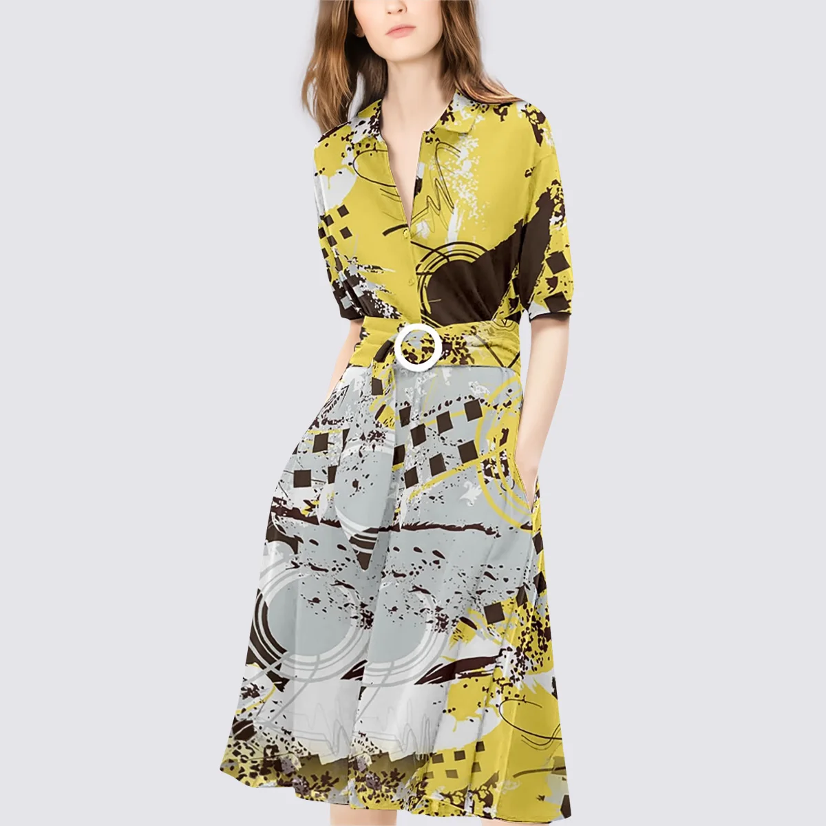 

Printed POLO collar waist slimming dress female 2021 new summer temperament light mature style shirt skirt