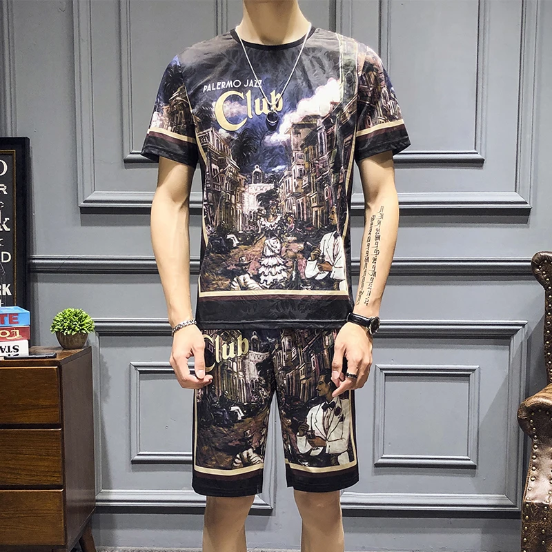 Летний мужской комплект спортивных костюмов футболка + шорты Быстросохнущий из 2