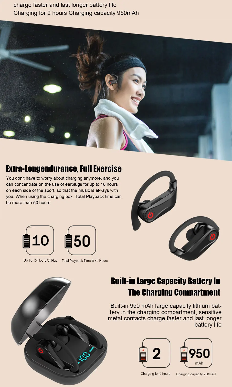 Беспроводные наушники Bluetooth 5,0 наушники для телефона Водонепроницаемая гарнитура с 950 мАч зарядная Коробка микрофон