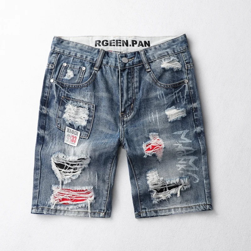 

Summer Straight Casual Denim Shorts Men Pop Hole Knee Length Shorts Men Cotton Premium Slim Young Denim Shorts