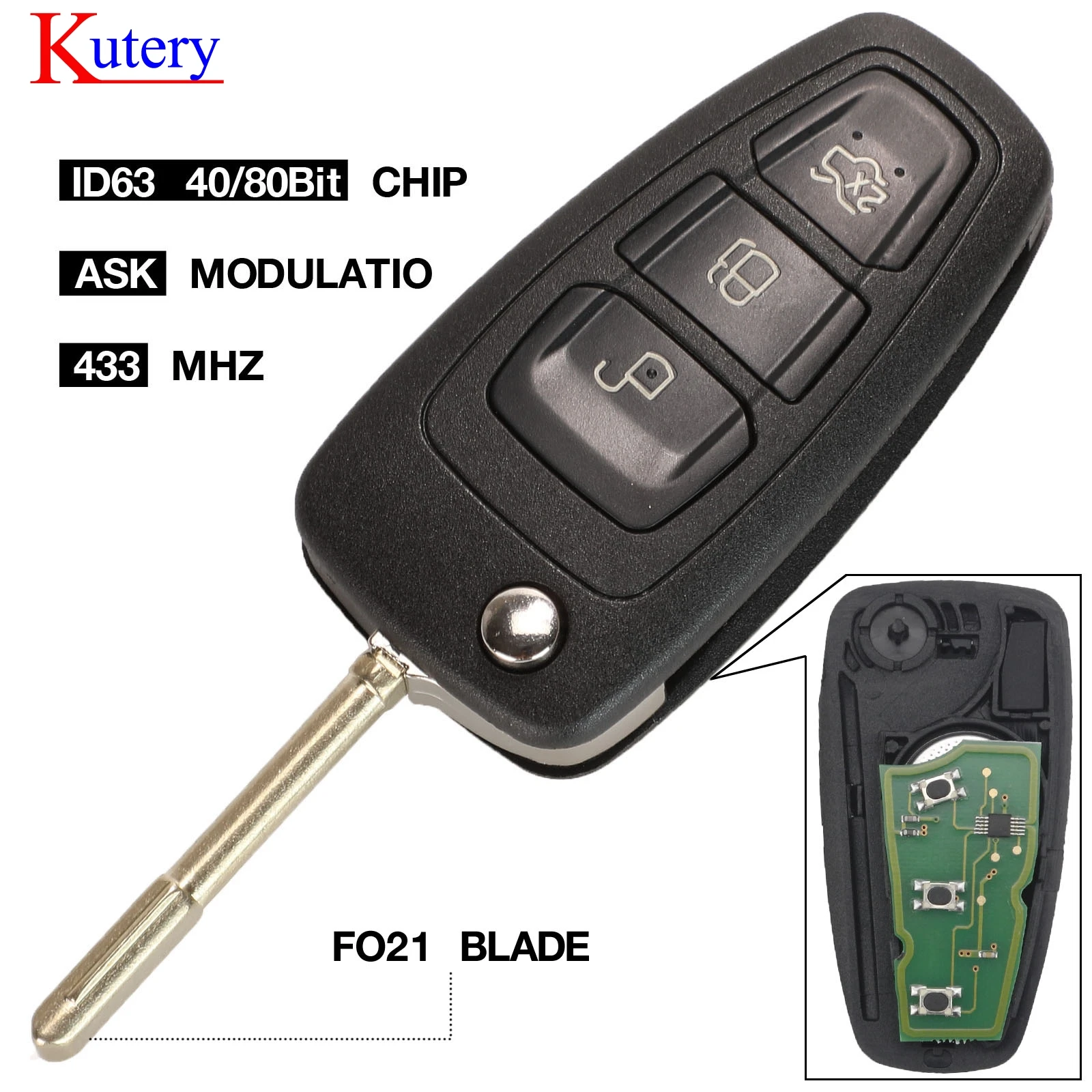 Откидной дистанционный ключ kutery с 3 кнопками ФОБ чип 4D60 ID63 для Ford Focus Mk1 Mondeo Transit