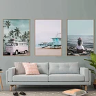 Картины на холсте в скандинавском стиле с изображением пляжа розового автобуса, плакаты и принты, Настенная картина для гостиной, украшение для дома