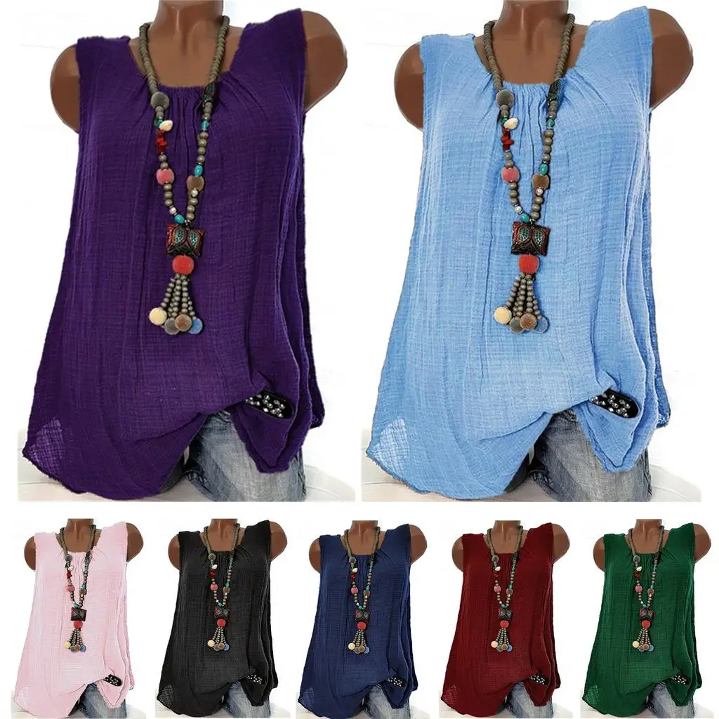 

Women Casual T Shirts Sleeveless Cotton Linen Elegant Blouses Solid Party Beach Tank Tops Plus Size