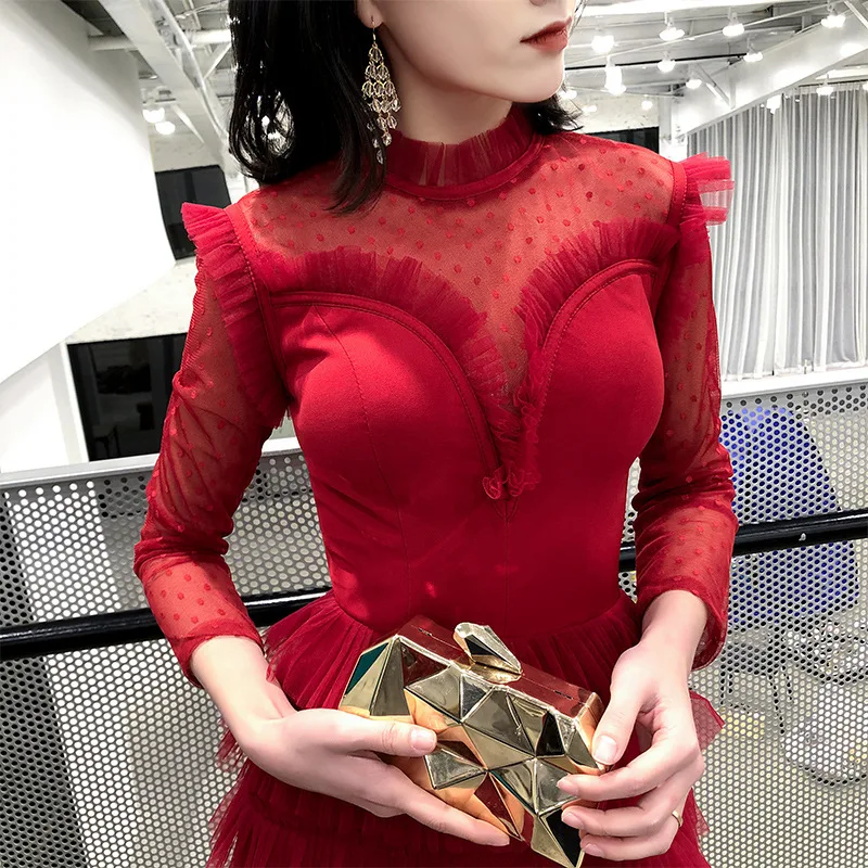 

Skyyue Burgundy Tiered Women Party Dresses FR353 Tea-Length Vestidos De Fiesta High Collar Long Sleeve Elegant Prom Dress 2020