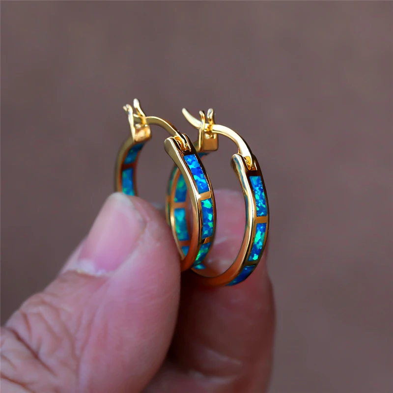 

Boho Female Blue White Opal Earrings Yellow Gold Color Wedding Earrings For Women Vintage Bride Round Big Hoop Earrings