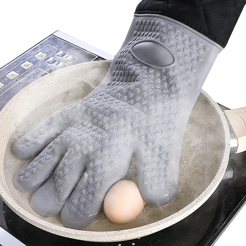 

1 Pcs Baking Anti-scalding Lengthen Gloves Simple Thickened Silicone Heat-proof Gloves Microwave Oven Five Fingered Gloves