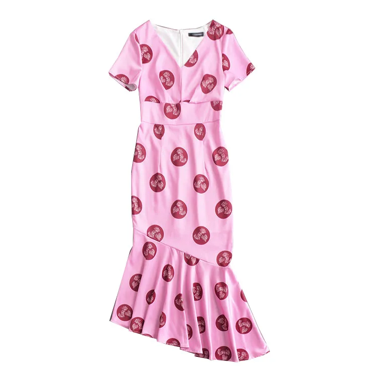 

JCHB 2021 New v neckline Print Pink dress