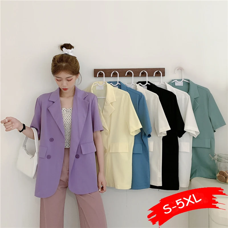 

Summer Chic 2021 Korea Simple OL Women Office Ladies Fashion Short Sleeve Double Breasted Blazer Loose Purple Blazer 7Colors