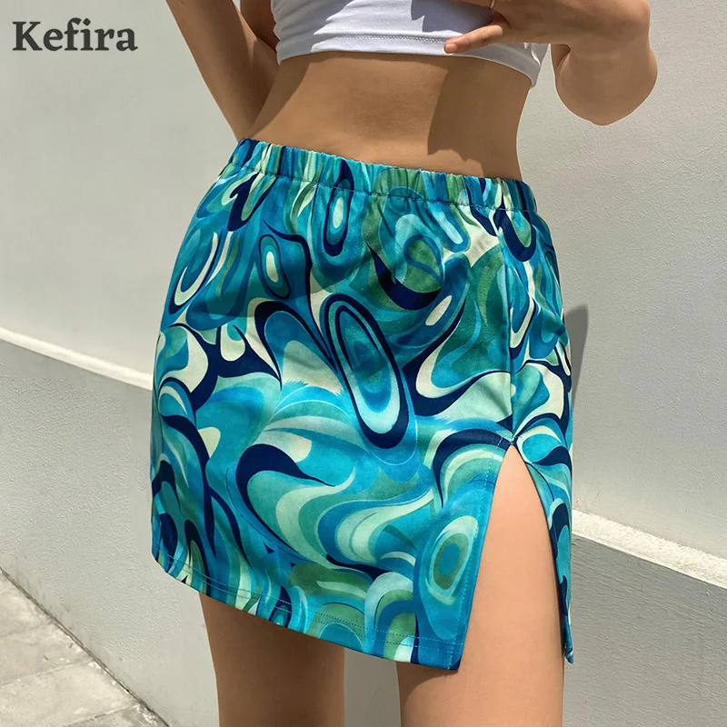 

Kefira 2021 Sexy Split Y2K Skirt Fairy Street Print Floral High Waist Bottom E Girl Mini Short Skirts Slim Summer Women Clothes