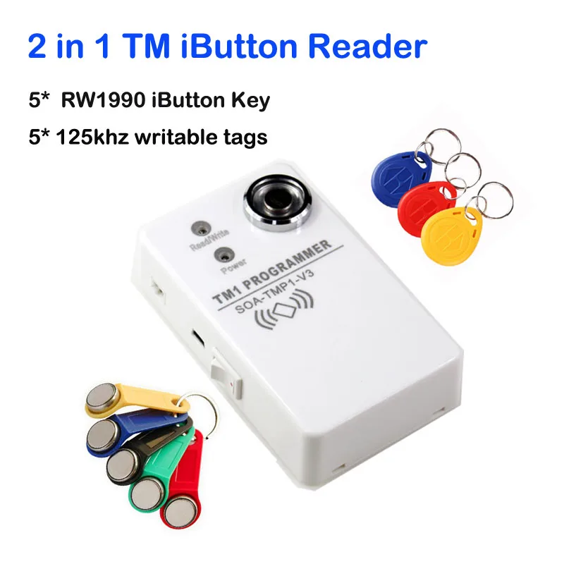 

TM iButton Programmer DS1990A Duplicator Cloner Copier 125Khz RFID Reader Writer+5pcs RW1990 Key Token+5 EM4305 t5577 Keyfob