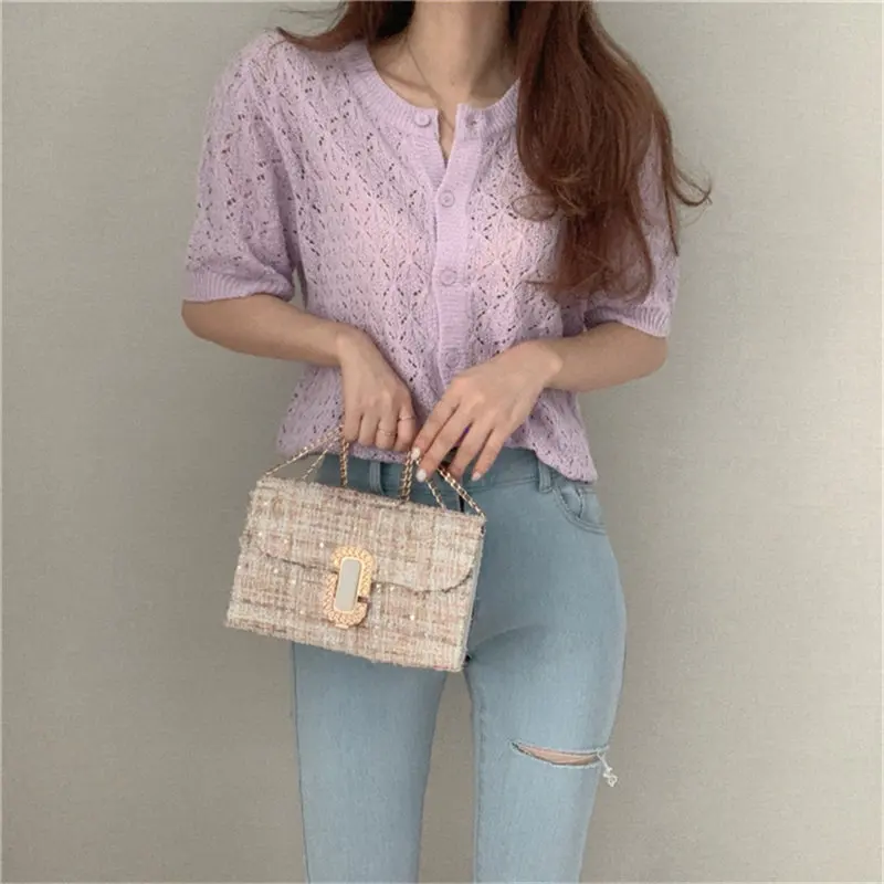 

Cardigans Hollow Out Sweet Short Sleeves 2021 Knitwear Chic Sweaters Knitted Tops All Match Loose Sexy New Clothe