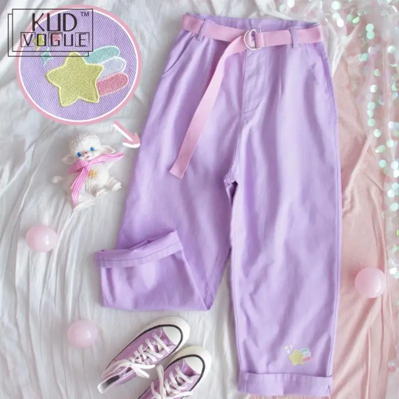 Женские джинсовые брюки с вышивкой повседневные фиолетовые высокой талией в