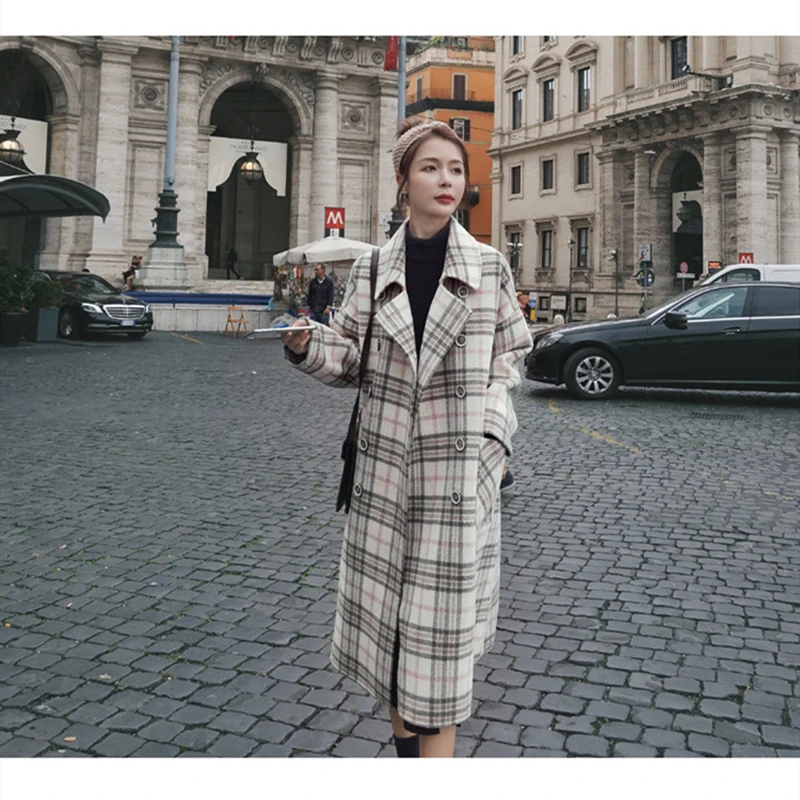 

2020 New Winter Cashmere Coat Women Sheep Wool Fleece Long White Plaid Oversized Woolen Plus Size Woolen Outerwear Overcoat