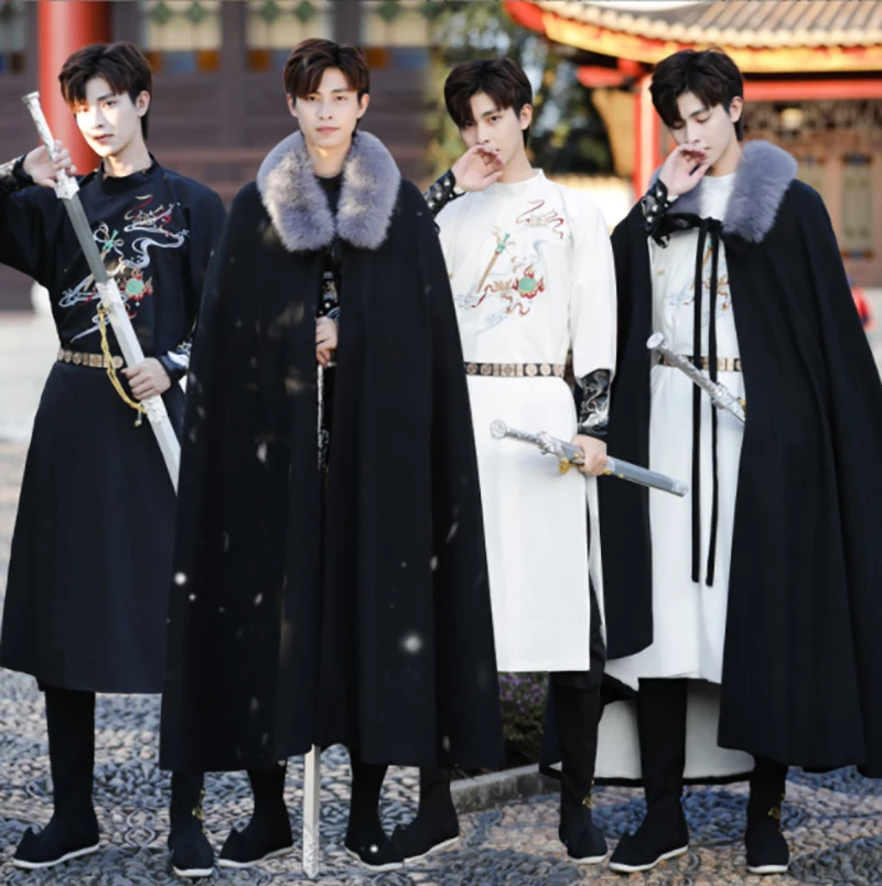 

Hanfu Men Ancient Chinese Hanfu Gown&Cloak Black&White Men Carnival Cosplay Costume Winter Hanfu Outfit For Men Plus Size 2XL