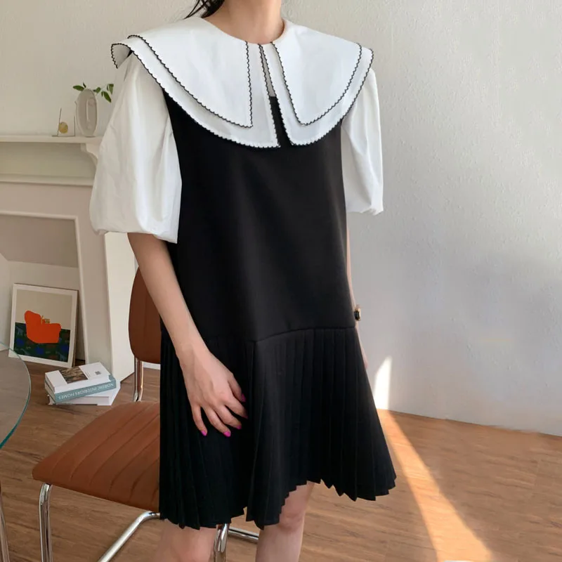 

Korean Chic Peter Pan Collar Women Blouses Summer 2021 New Short Sleeve Woman Shirt Style OL Patchwork Lady Tops Blusas 14396