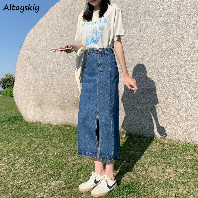 

Midi Pencil Skirts Women Denim Pockets Ins Trendy Side-slit Pure Slim Retro Streetwear Holiday College Ulzzang Chic Femme Newest