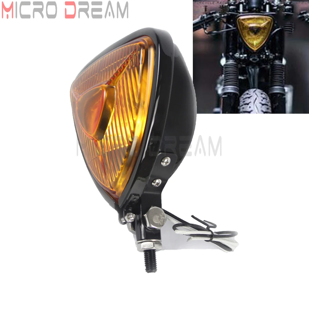 Motorcycle 12v 55w Vintage Head Lights Retro Triangle Yellow Lens Headlamp for Harley Chopper Cruisers Bobber Custom Headlight
