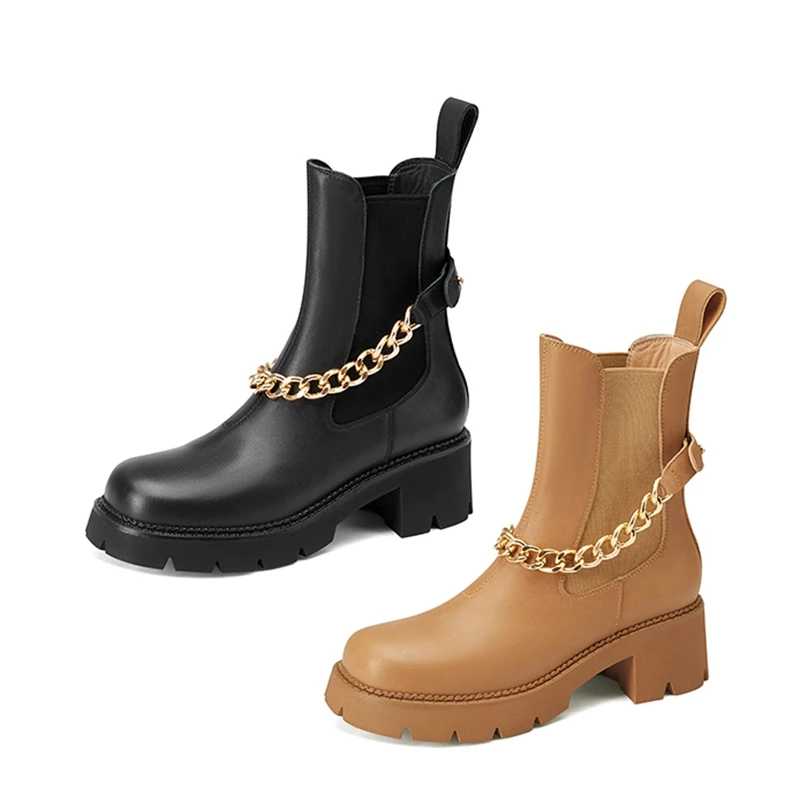 

2021 New Breathable Women Ankle Boots Fashion Chain Round Toe Autumn Winter Shoes Woman Thick Heel Short Boot Botas Mujer