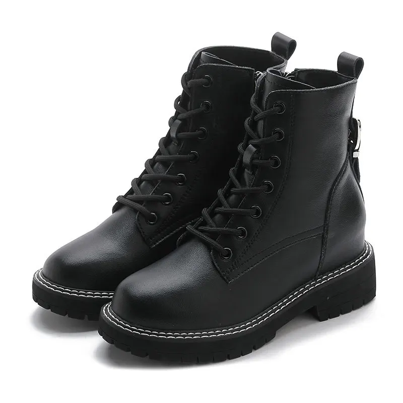 

Leather boots 2021 women's thick soles and in autumn thin short boots Korean zipper lace up casual women's shoes