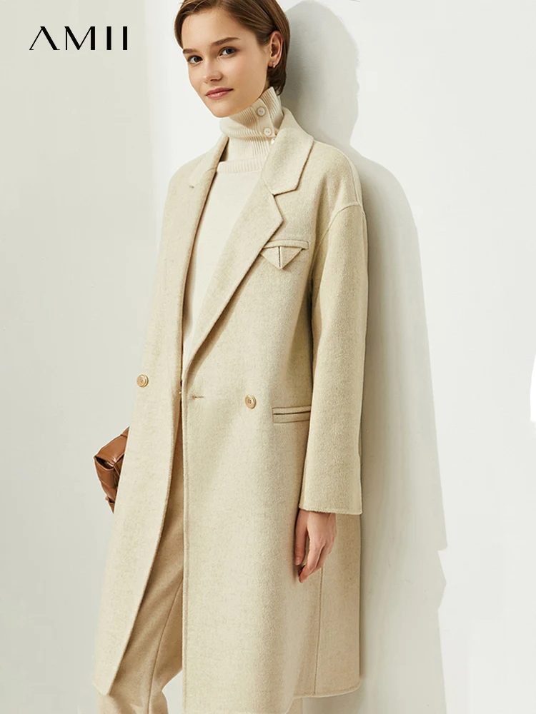 

Amii Minimalism Winter Woolen Coat For Women Elegant 100% Wool Jacket Double-side Blends Fashion Long Jacket Overcoat 12141007