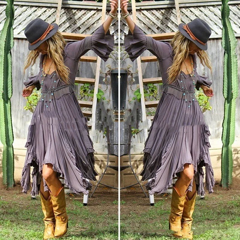 

Women Vintage Dresses Summer 3/4sleeve Irregular Hem V-Neck Mid-Calf Casual Long Dress