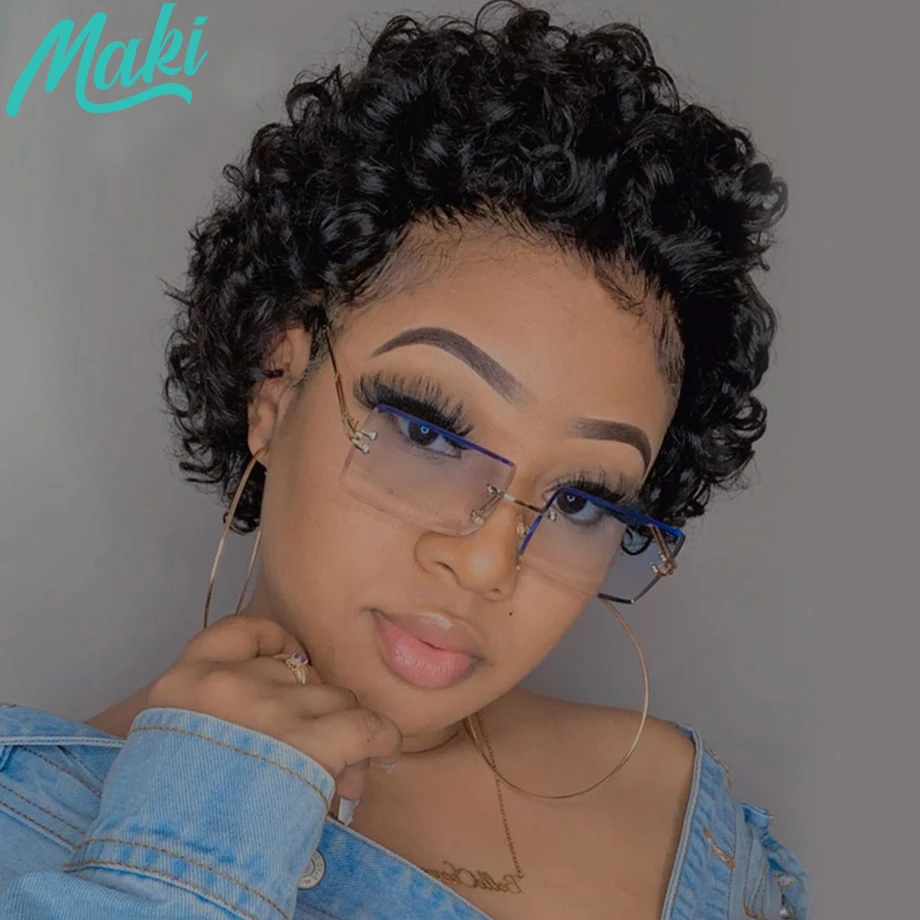 

Maki Hair Cheap Glueless Pixie Wig Pixie Cut Wig Preplucked Bob Wig Bouncy Lace Front Wigs Short Curly 13x1Lace Human Hair Wigs