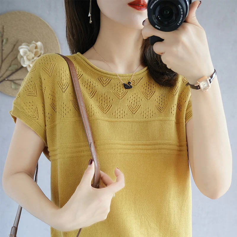

Cotton And Linen Knitted Short-Sleeved T-Shirt Women's Linen 2021 Summer New Style Cotton Loose Bottoming Round Neck Casual Top