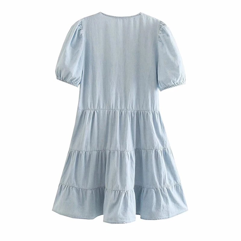 

Za Women Light Blue Denim Layered Dress Short Sleeve V Neck Sweet Young Girl Mini Dress Vestidos OP9721