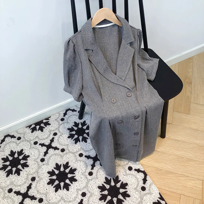 

Double Breasted Blazer V-Neck Dress Summer 2021 Women Hepburn Puff Sleeve Elegent A-Line French Dresses