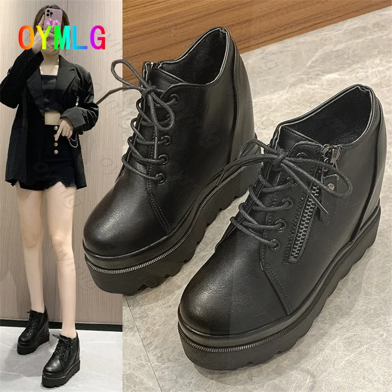 

2021 autumn new black leather boots women's thick-soled inner increase high-heel platform slope with casual women's shoes boots