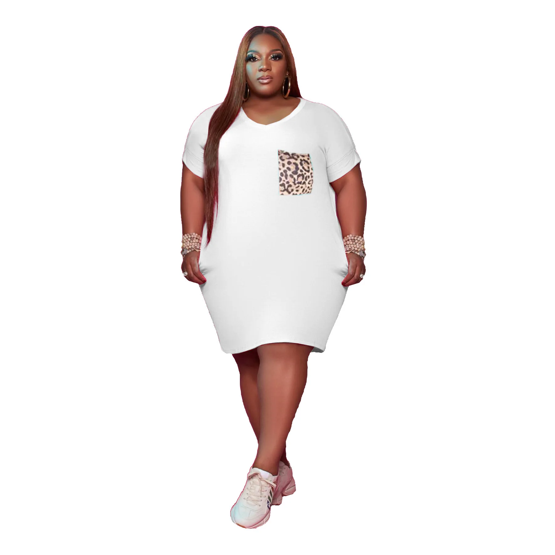 

Echoine Women's Fashion Sexy T-shirt Dress V-neck Leopard Print Pocket Plus Size Dress Casual High Street Wear