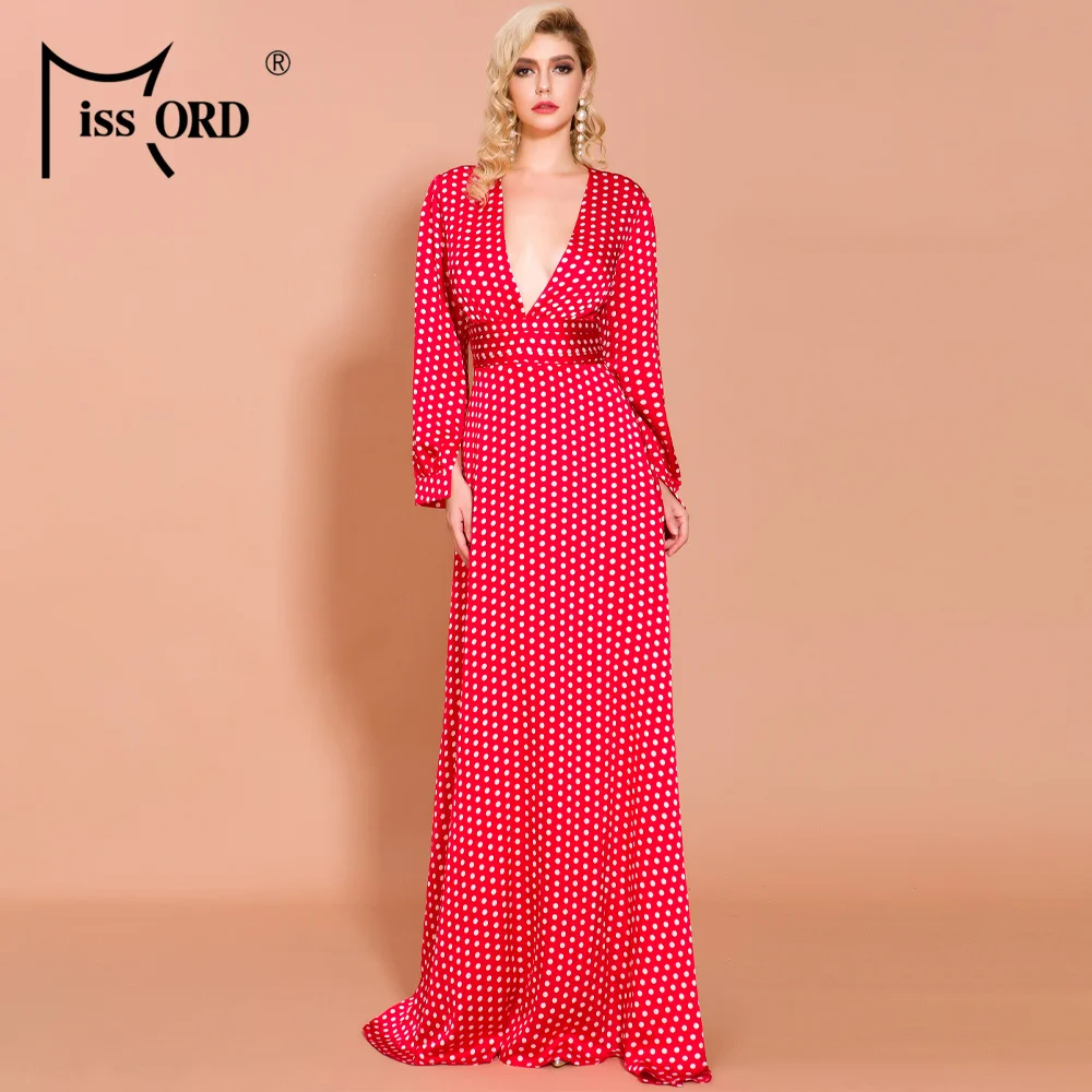 

Missord 2021 Sexy Summer Deep V Polka Dot Split Boho Beach Dresses Elegant Designer Floor Length Dress Women Cloth FT18443