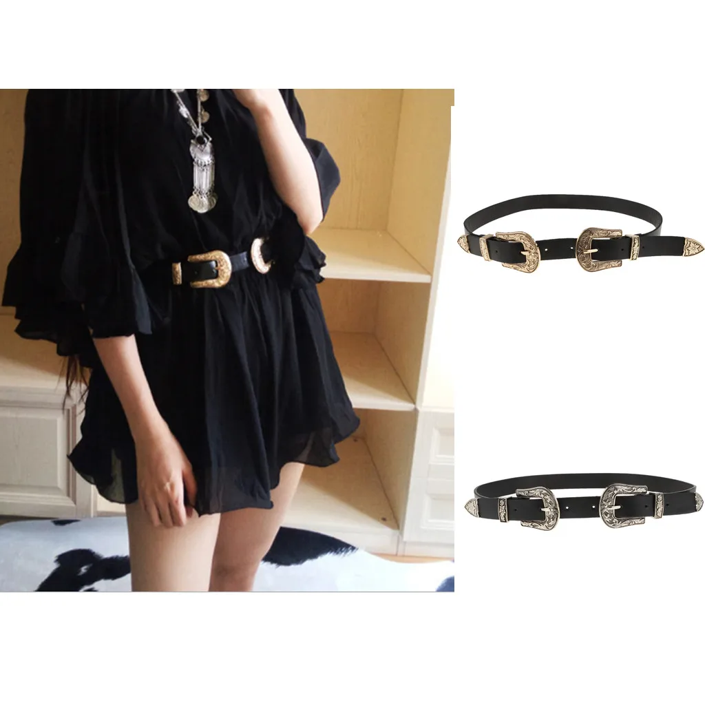 Женский узкий винтажный кожаный ремень с двойной пряжкой в стиле ретро пояс для