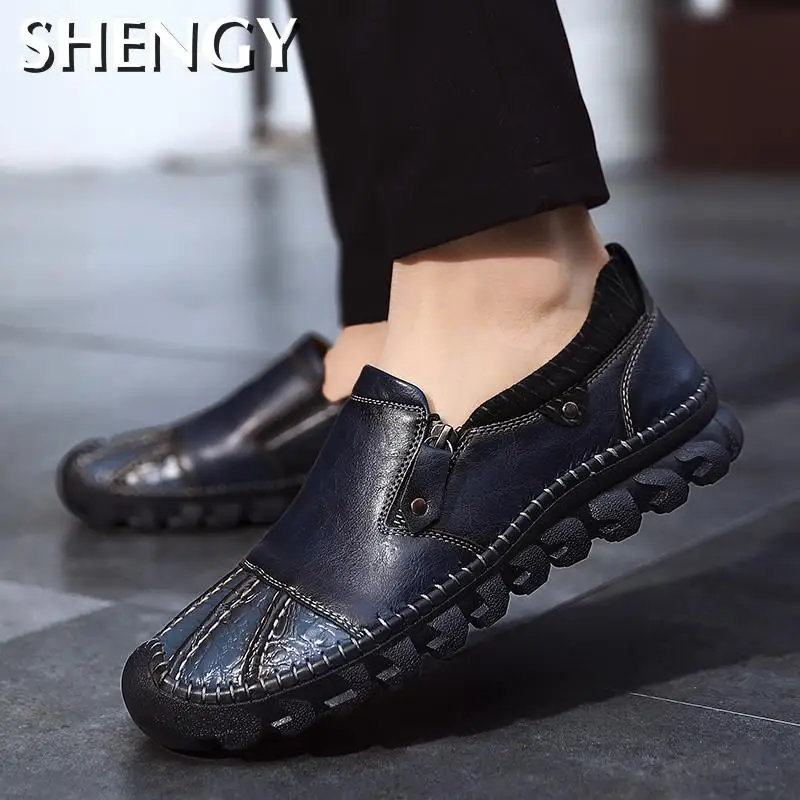 Мужские повседневные кожаные лоферы дышащие Мокасины без застежки