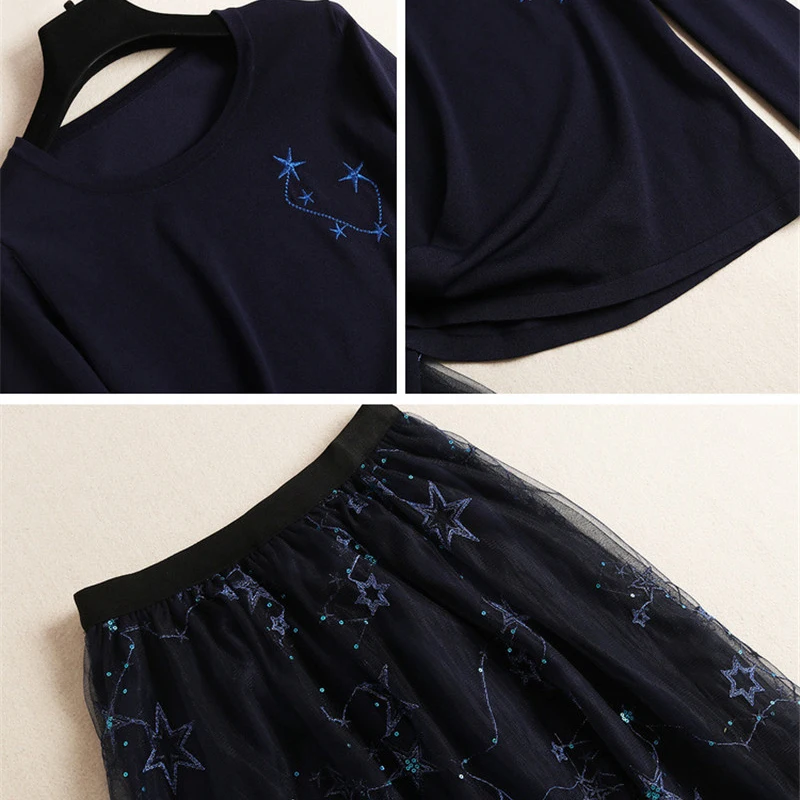 Новая мода осень зима юбка комплект из 2 предметов женский длинный рукав вышивка