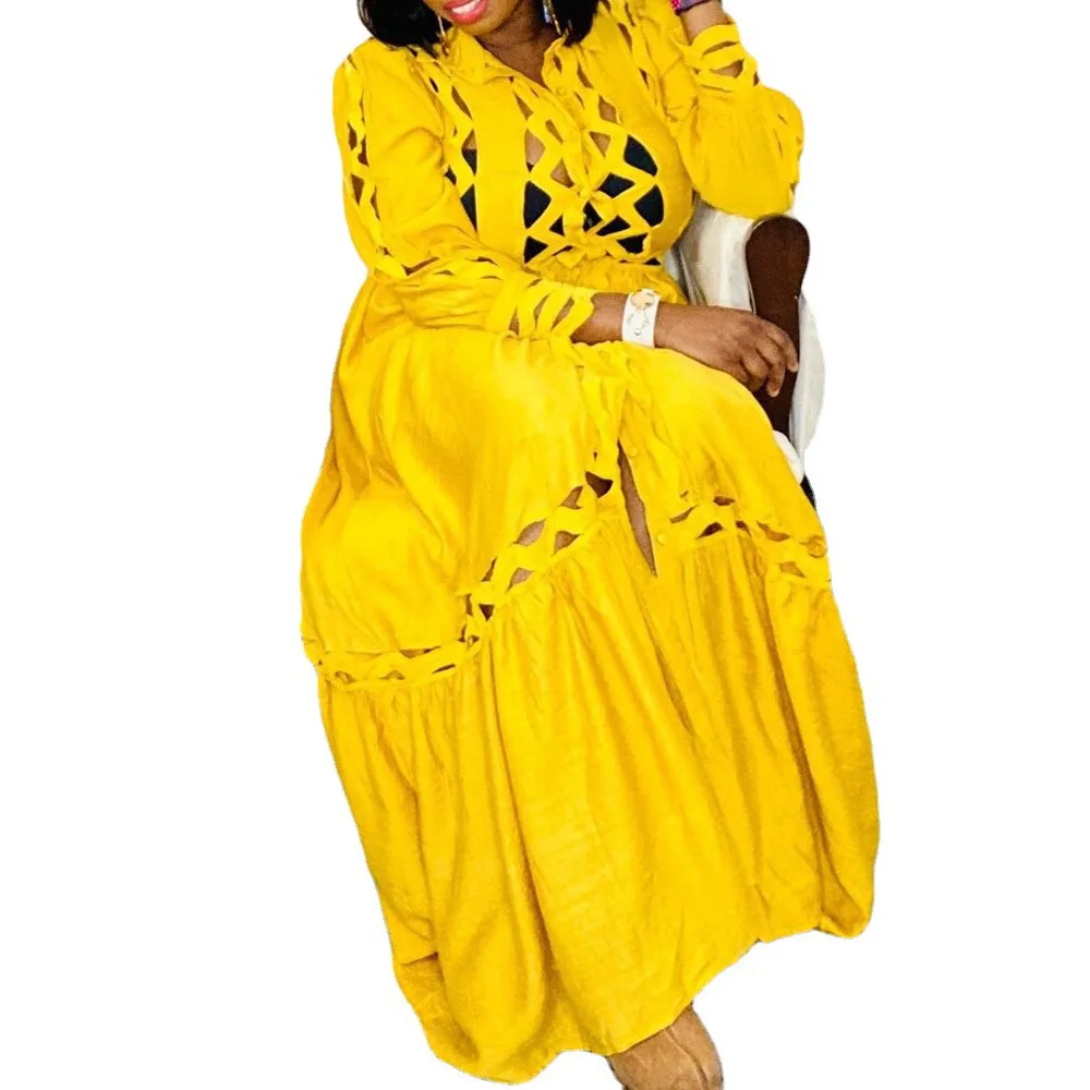 

Dress 2021 African New Women's Dress Solid Color Temperament High Waist Sexy Hollow Out Lapel Long Sleeve Europe America Women's