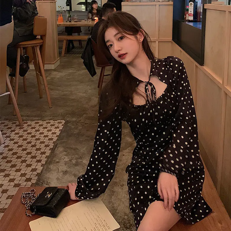 

Female Vintage Elegant High Waist Dot Puff Sleeve Dress Evening Party Casual Chic Kawaii Women Korea Style 2021 Summer Dresses
