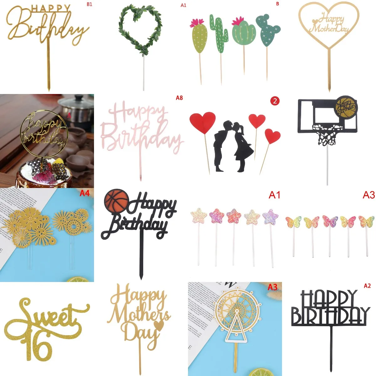 Acrylic Basketball Love Heart Happy Birthday Cake Topper Gold Pink Birthday Cake Toppers Flags For Kids Birthday Party Cake Deco