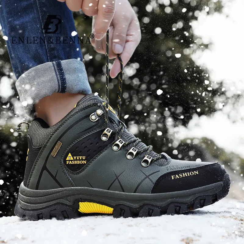 

2020 Hiking Boots Work Shoes Warm Fur Plush Waterproof Leather Sneakers Men Winter Snow Boots Outdoor Non- slip Big Size 39-47