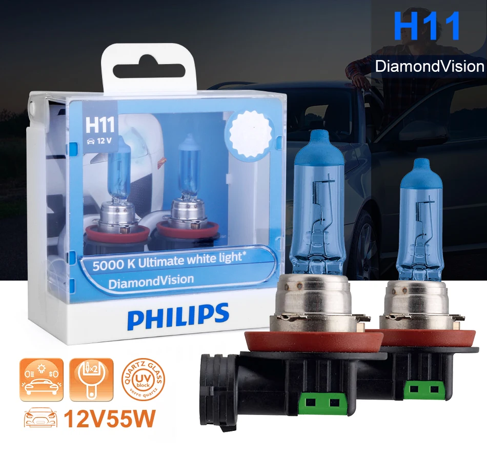 Philips h11 галогенный 55 Вт 12 В Diamond Vision 5000K Ultimate белый светильник авто лампа H8 головной светильник оригинальные аксессуары для автомобиля 2 шт