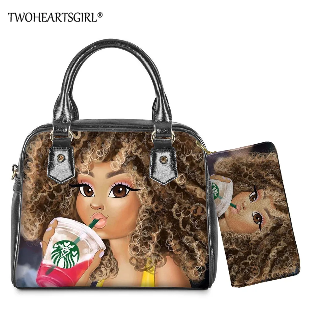 

Twoheartsgirl Afro Art African Girls Print Women Luxury Shoulder Handbag Female PU Leather Crossbody Bag Tote Bag with Wallet