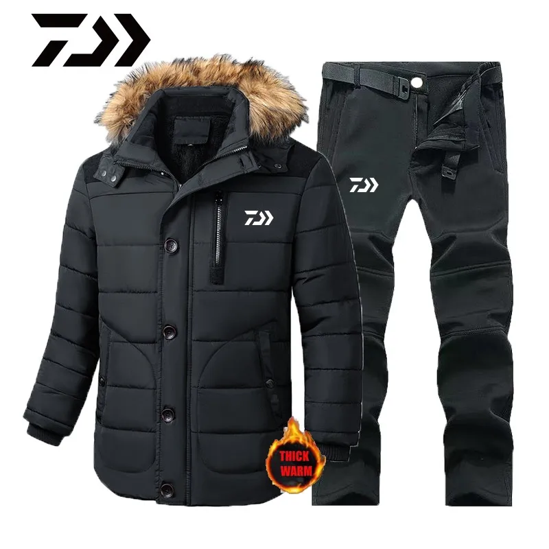 

2021 Winter Thick Fleece Warm DAIWA Fishing Jacket Parkas Coat Men Windproof Fur Collar Hooded Fishing Clothings Men Fish Wear