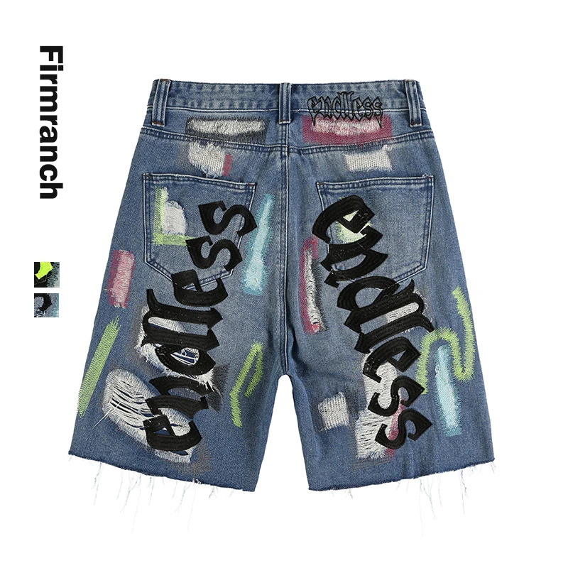 Firmranch New Back/Yellow Endless Embroidery Jeans Shorts For Men 2021 Ins Street Wear Jeans Homme Loose Denim Shorts Pants