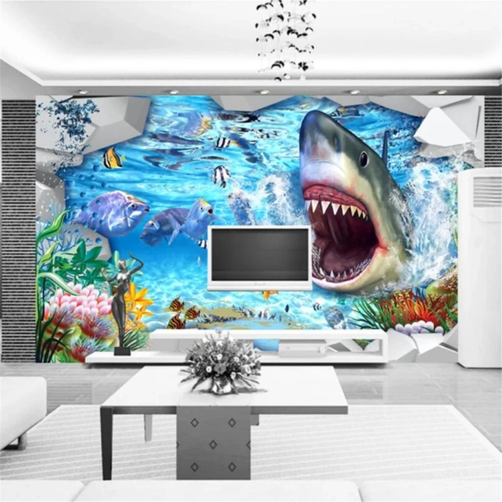 

beibehang Custom wallpaper 3D large murals shark underwater world background wall living room bedroom hotel decor painting обои